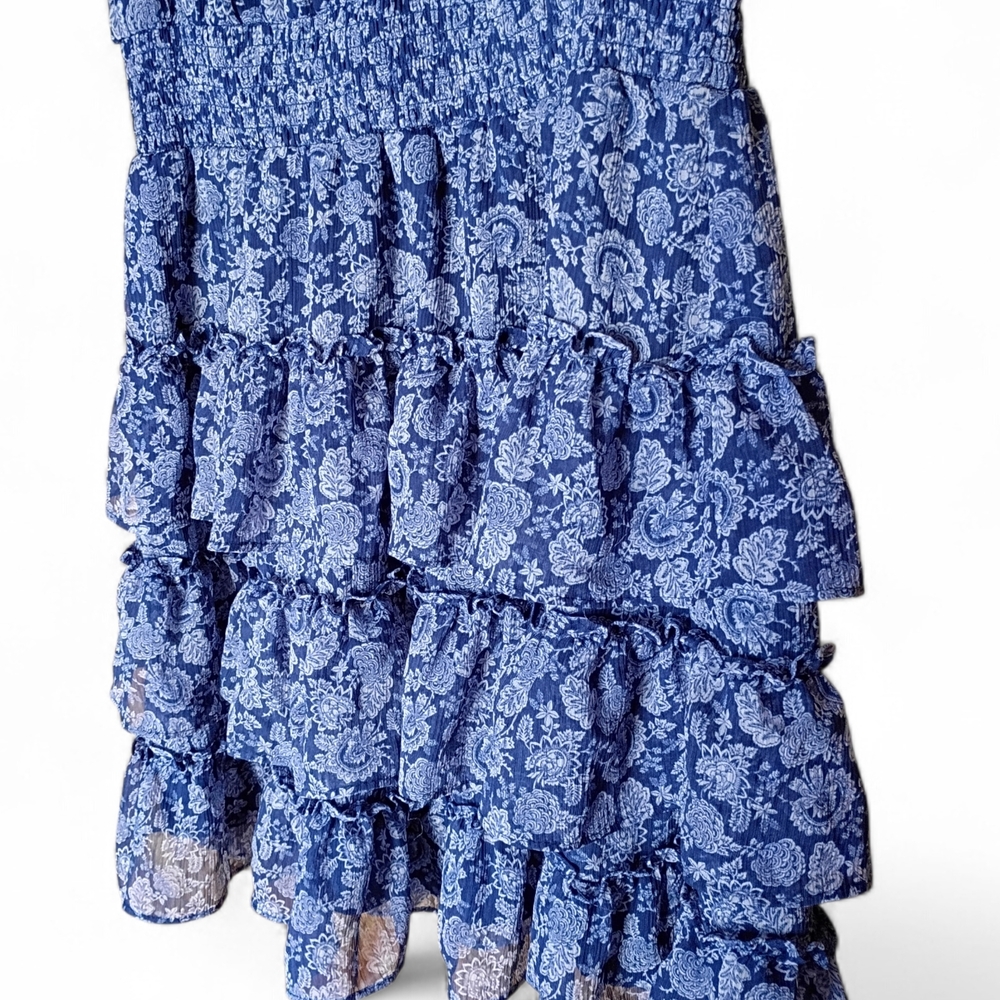 EUC 1. STATE Blue Floral High Neck Sleeveless Ruffle Smocked‎ Dress Size L - Picture 4 of 7